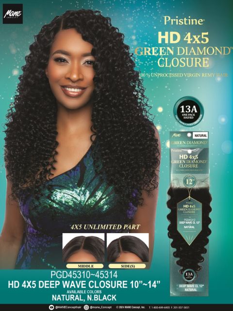 Mane Concept Pristine Green Diamond 100% Human Hair HD 4x5 DEEP WAVE Closure- (PGD45310-45314)